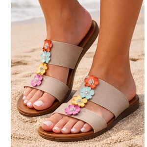 Italiana Womens Sandals Flowers Shoes 6M Brown Slip On Wedge